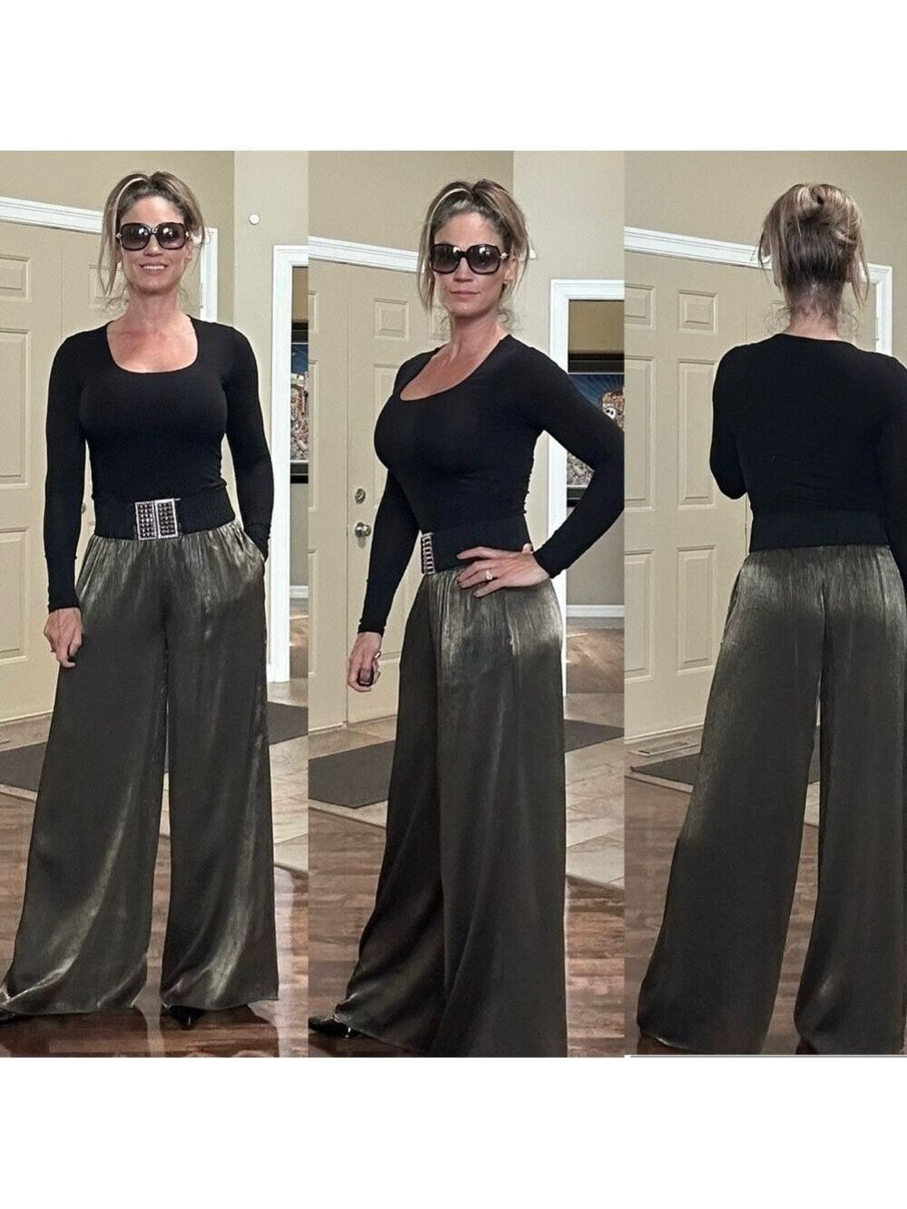 Zara khaki green aged gold wrinkle effect wide leg pull on pants Sz S NWT